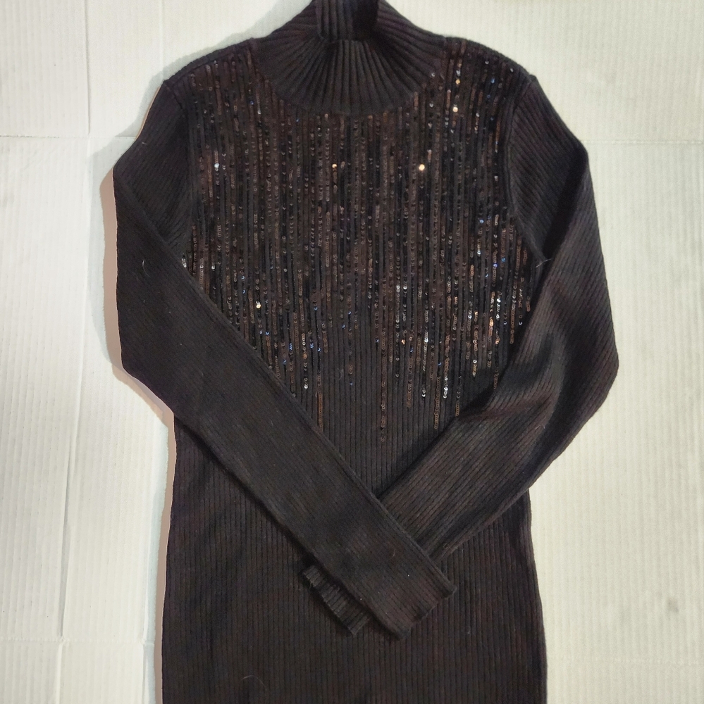 INC Black Ribbed Sequin Mock Neck Sweater PM Petite | Holiday Party Top